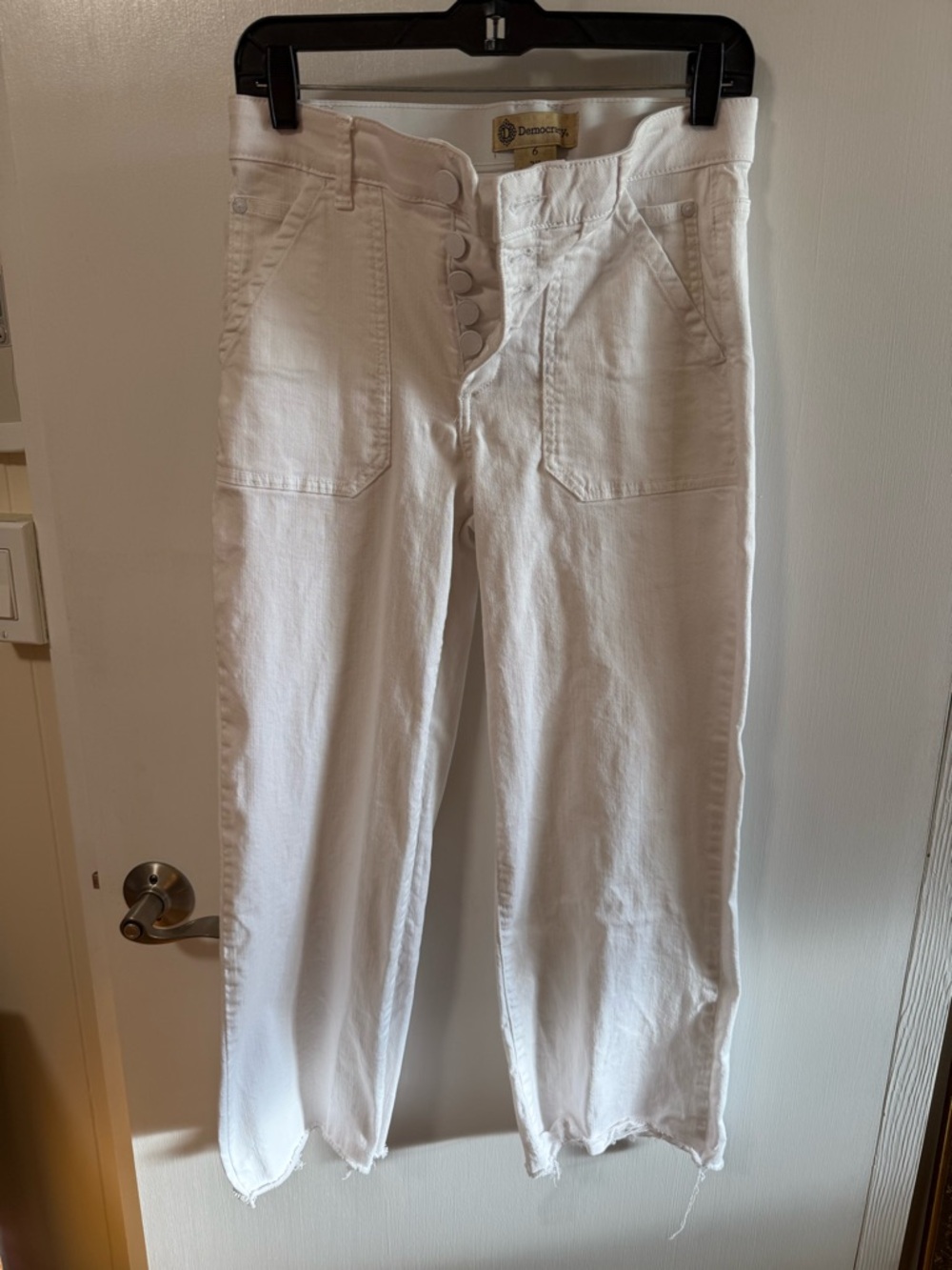 Democracy White Stretch Denim Pants with Logo Label